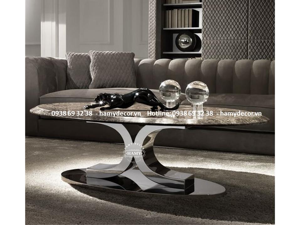 Bàn trà mặt đá Marble khung inox trắng bóng 25