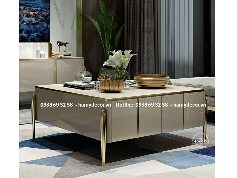 Bàn trà gỗ khung inox mạ màu PVD 40