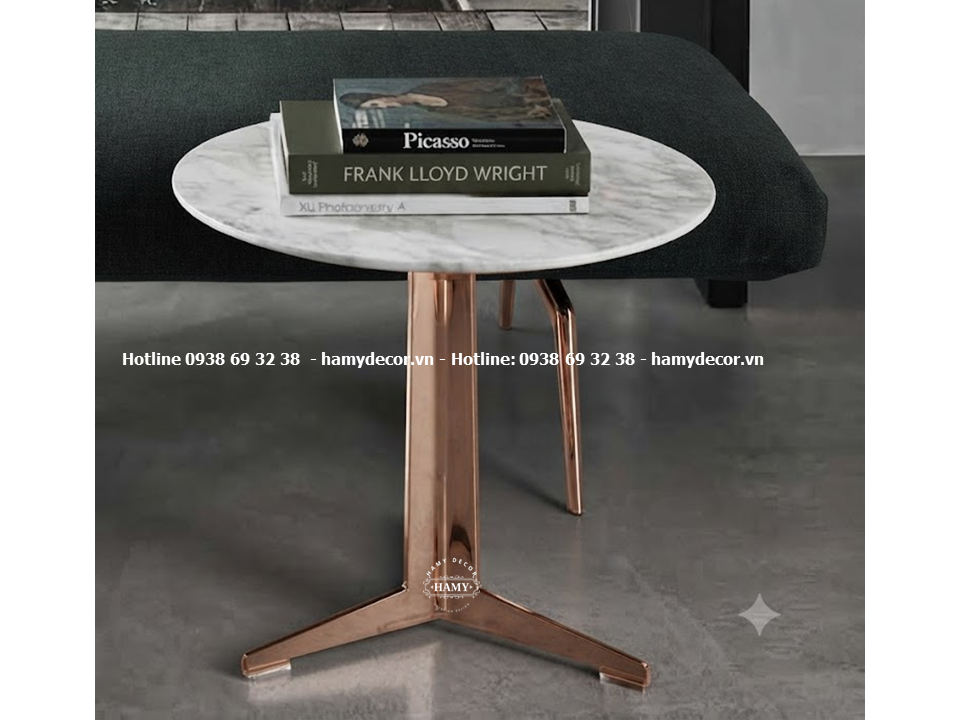 Mẫu tab sofa kiểu 3 chân chạc inox vàng hồng và mặt đá trắng vân mây