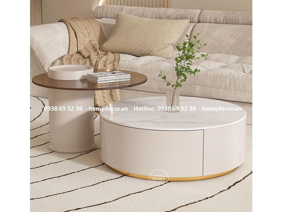 Bàn trà đôi gỗ mặt đá trắng vân mây - 130