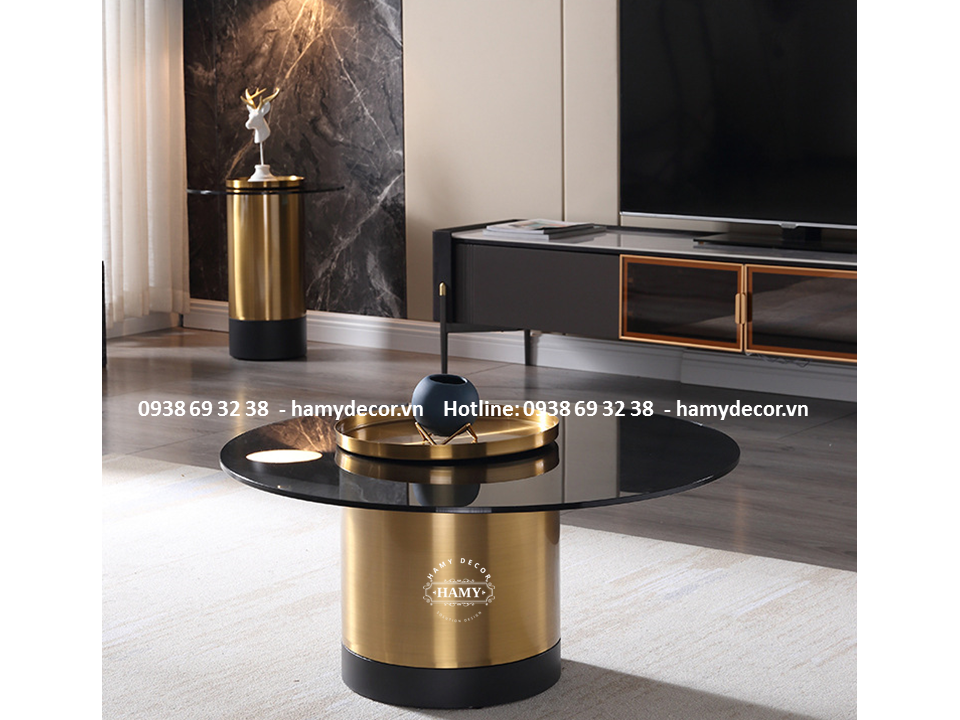 Bàn trà tròn inox mạ vàng PVD mặt kính đen - 141