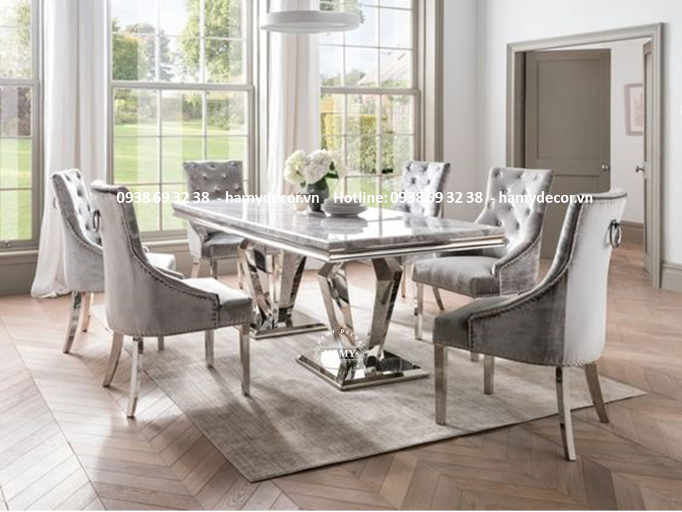 Bàn ăn mặt đá Marble chân inox trắng - 33