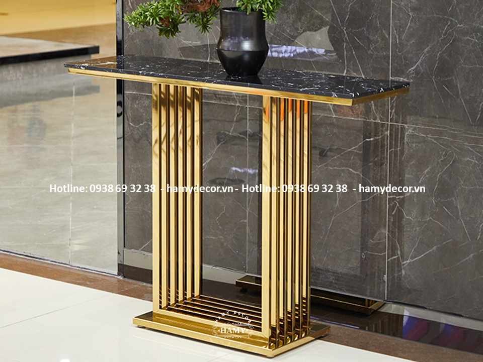 Bàn console inox mặt vàng kết hợp đá đen tia chóp 93