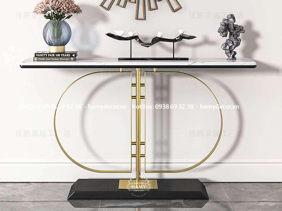 Bàn console khung inox mạ vàng mặt đá trắng vân - 140