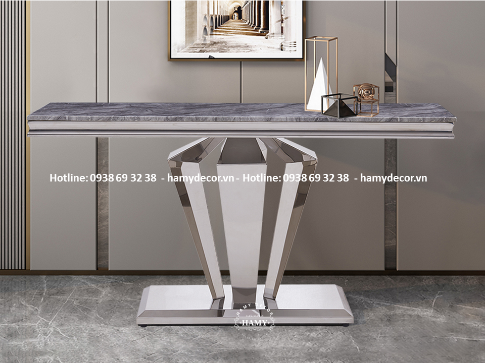 Bàn console inox trắng bóng gương mặt đá trắng vân mây 122
