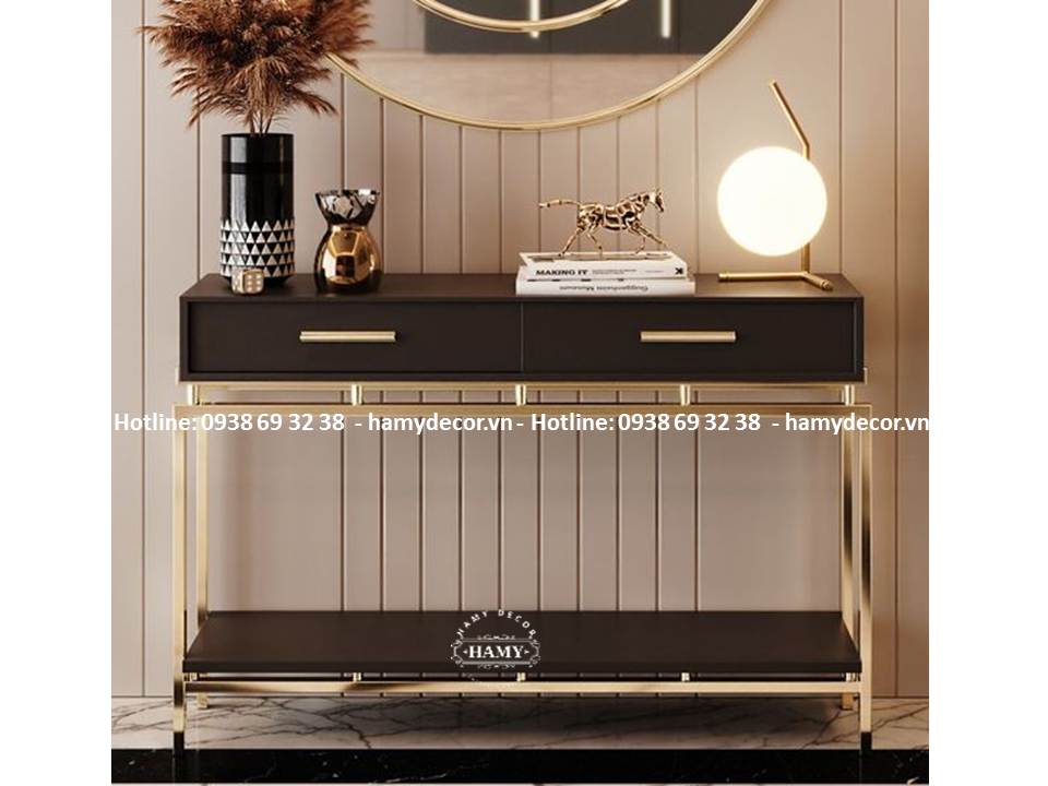Kệ console inox mạ vàng mặt gỗ - 208