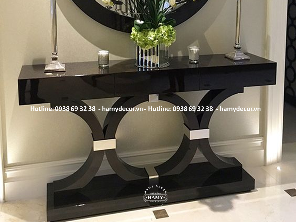 Bàn console gỗ sơn đen kết hợp inox mạ vàng 95