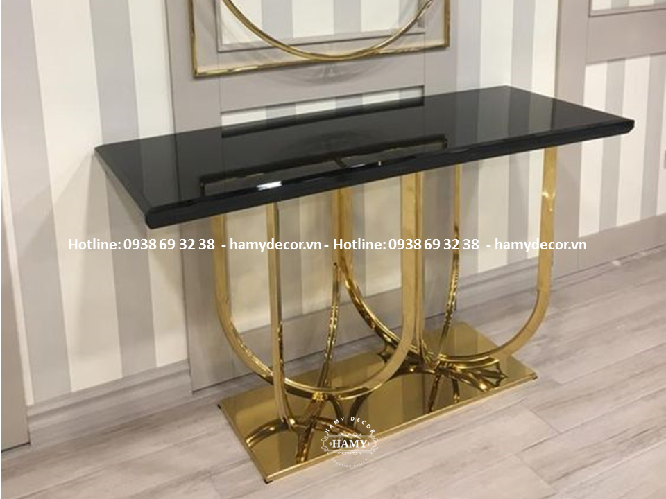 Bàn console chân inox mạ vàng mặt gỗ sơn đen 97
