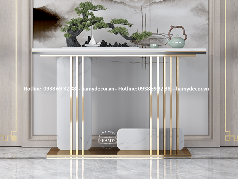 Bàn trang trí cầu thang inox mạ vàng hiện đại 109