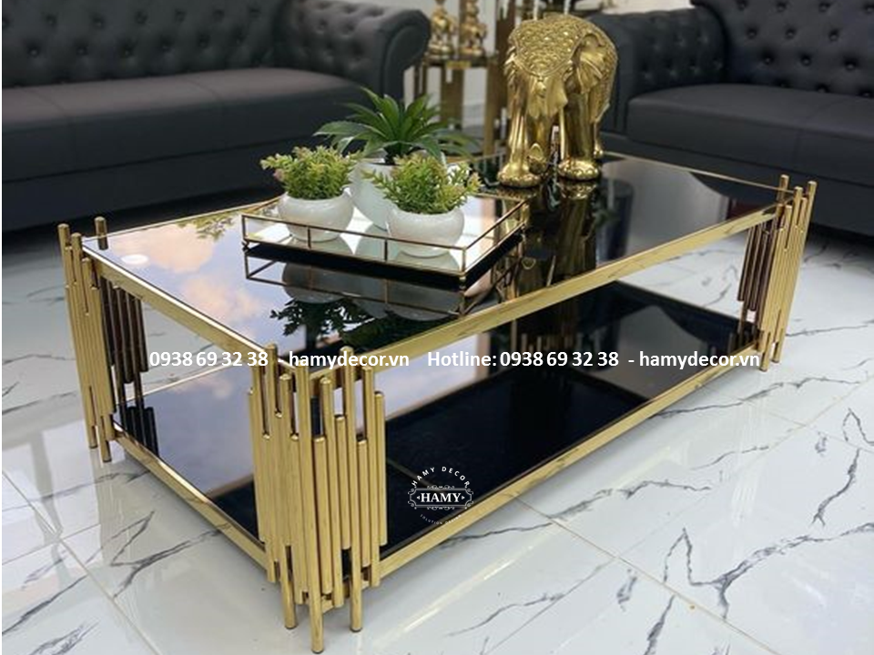 Bàn trà thanh inox phi tròn mặt kính cường lực sơn đen - 66