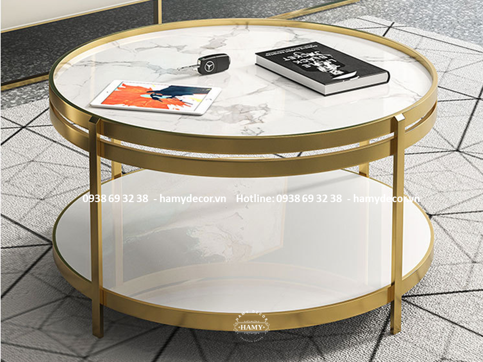 Mẫu bàn sofa  inox mạ vàng PVD màu Gold mặt đá trắng vân mây - 97