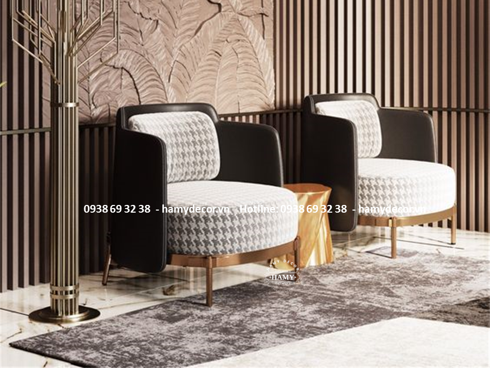 Ghế Armchair bọc vải bố khung chân inox mạ vàng - 33