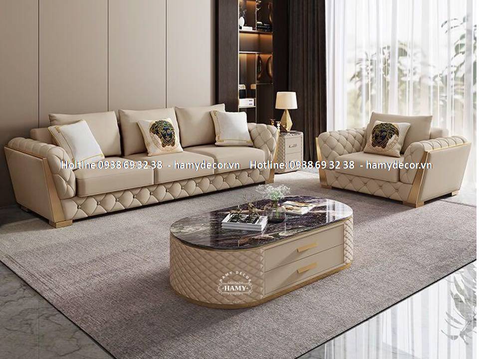 Mẫu ghế sofa bọc da chân inox mạ vàng đẹp SF-69