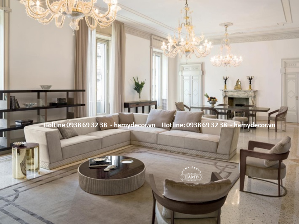 Mẫu ghế Sofa góc L bọc vải nhung sang trọng 102