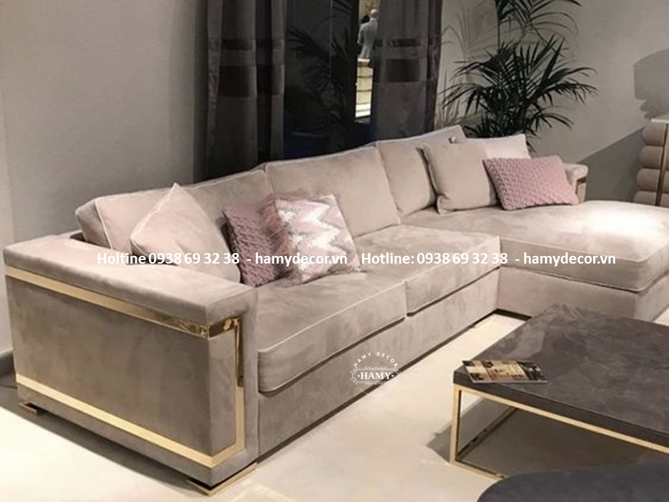Mẫu ghế Sofa góc L bọc vải nhung sang trọng 103