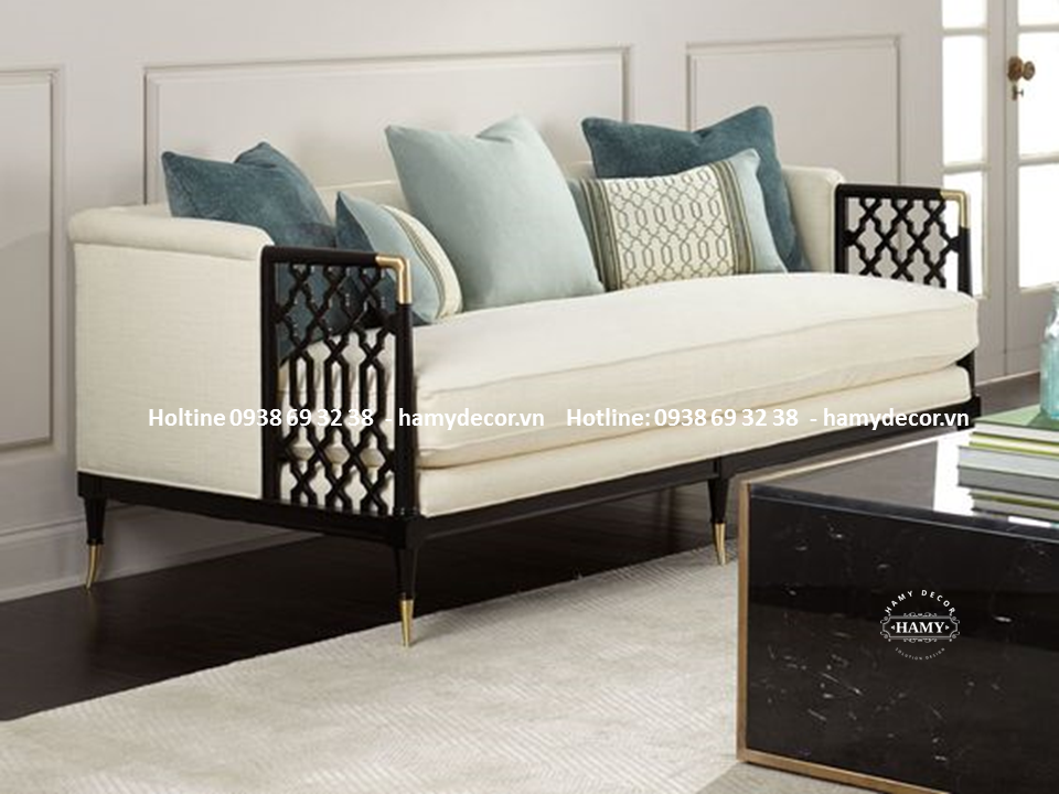 Sofa nệm bọc vải nhung chân inox mạ vàng - 122