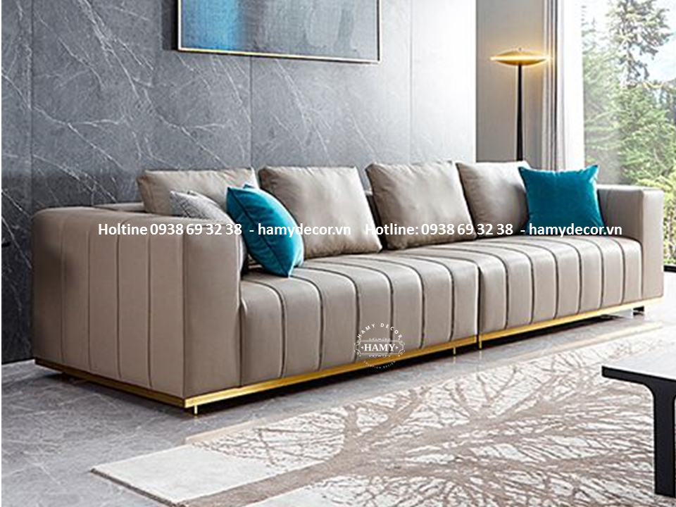 Mẫu ghế Sofa dài bọc da viền khung inox mạ vàng 86