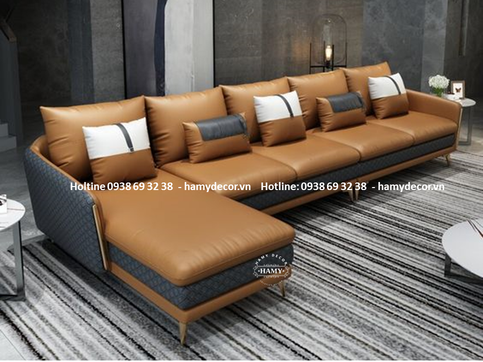 Ghế Sofa Góc L bọc da khung chân inox mạ vàng PVD - 79