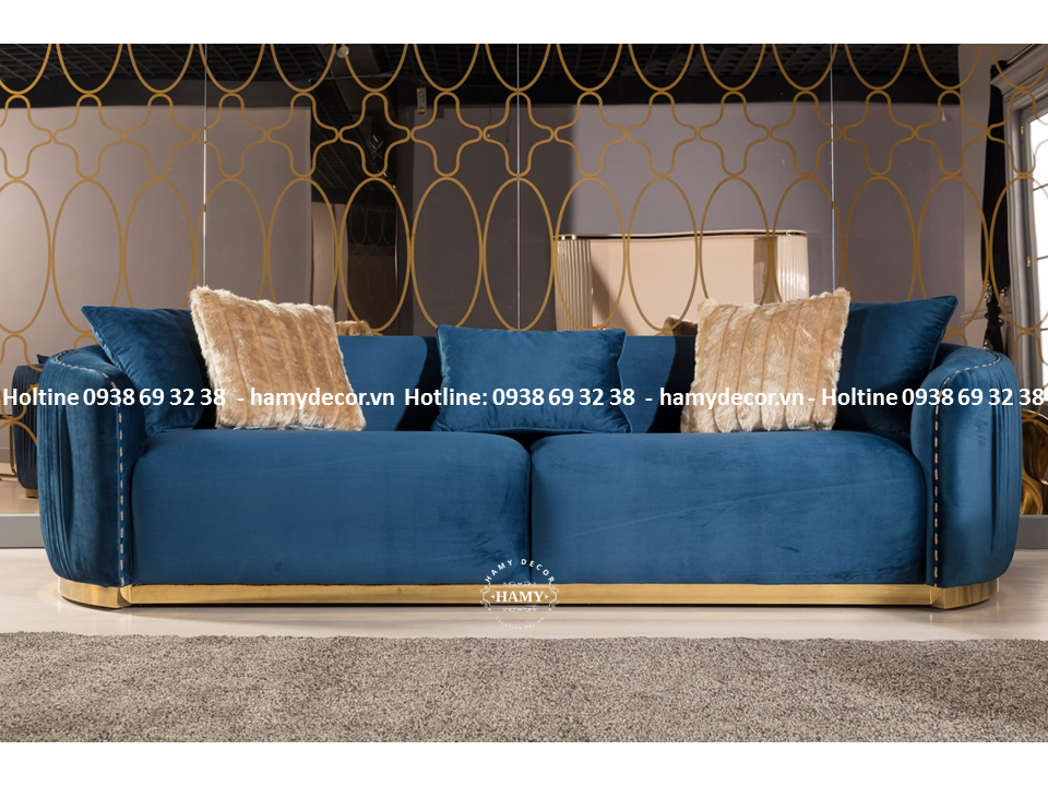 Ghế sofa bọc vải nhung xanh chân inox mạ vàng PVD - 132