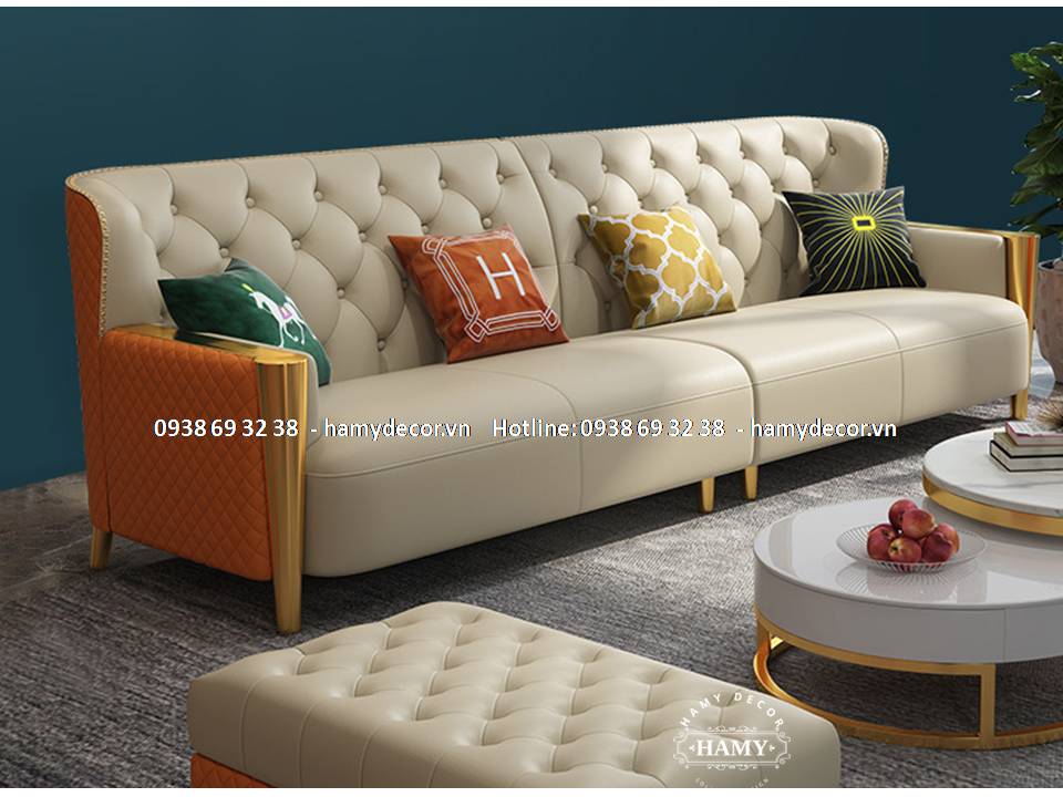 Ghế sofa bọc da chân inox mạ vàng SF-59