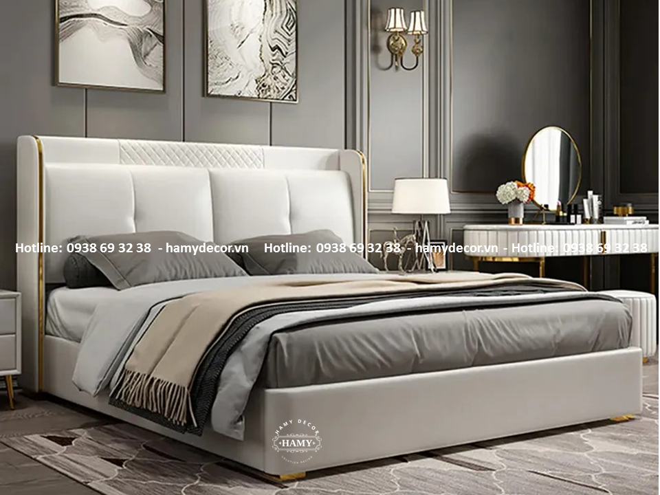 GIƯỜNG NGỦ BỌC NỆM KHUNG VIỀN INOX MẠ VÀNG ĐẸP NHẤT HIỆN NAY 