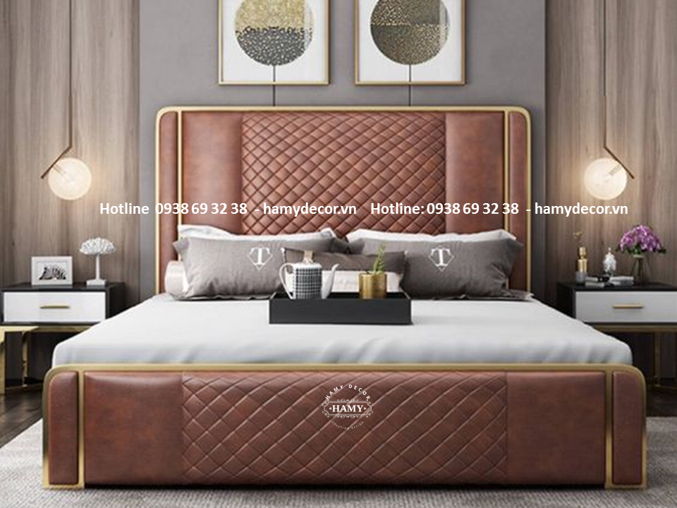 GIƯỜNG NGỦ BỌC DA MÀU NÂU KHUNG INOX MẠ VÀNG