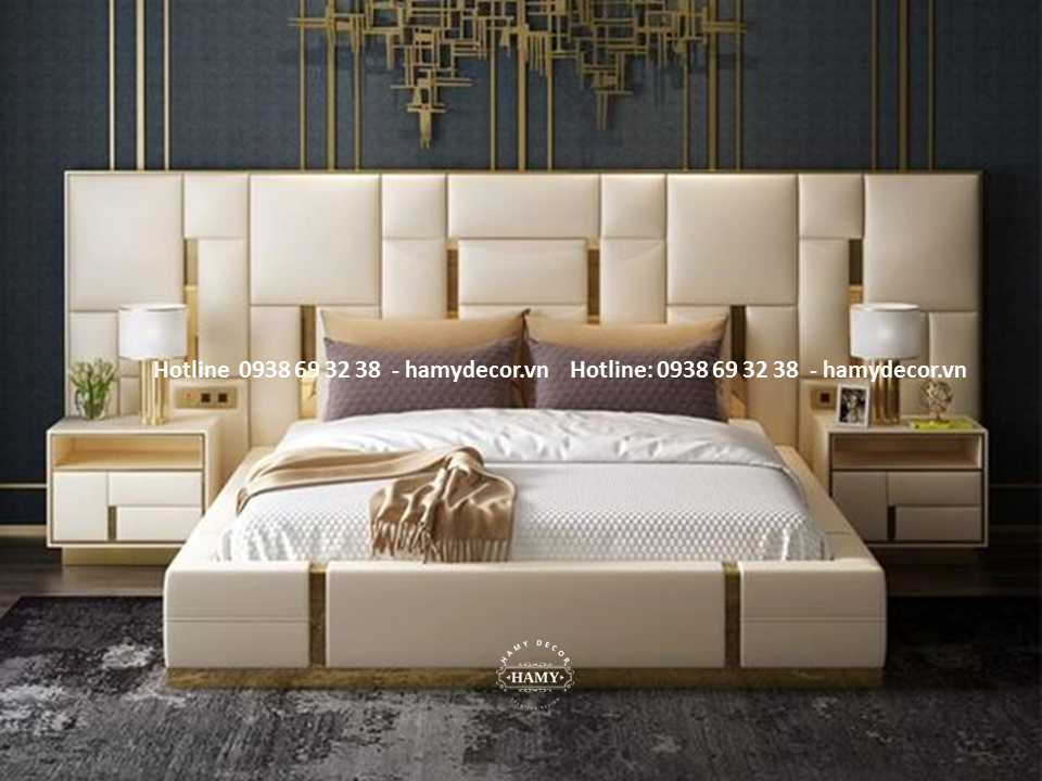 GIƯỜNG NGỦ BỌC DA KẾT HỢP INOX MẠ VÀNG