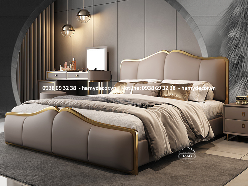 IƯỜNG NGỦ BỌC DA VIỀN INOX MẠ VÀNG  - 21
