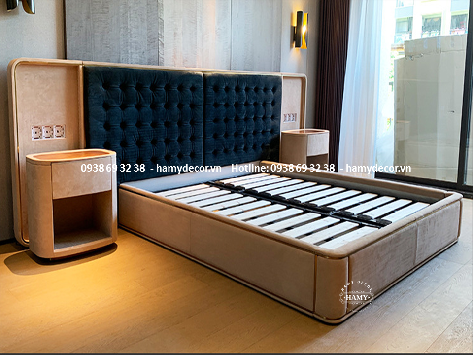 GIƯỜNG NGỦ BỌC VẢI NHUNG VIỀN KHUNG INOX MẠ VÀNG  - 19