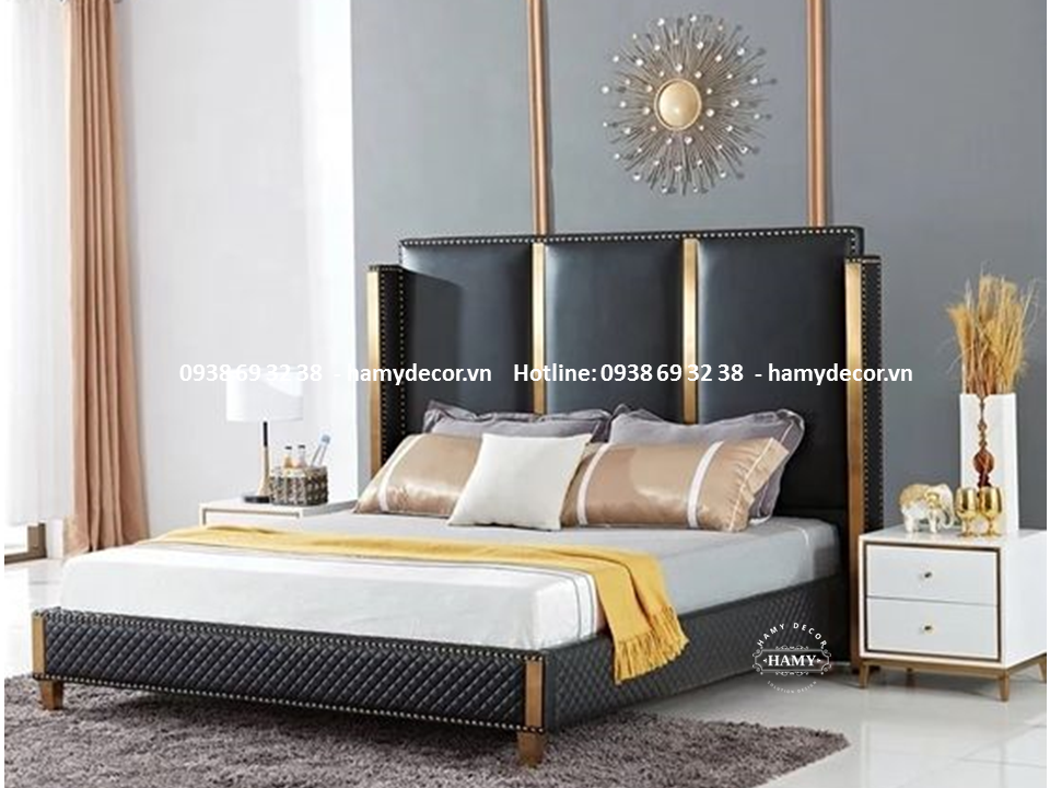 MẪU GIƯỜNG NGỦ BỌC DA KHUNG VIỀN INOX MẠ VÀNG CAO CẤP - 58