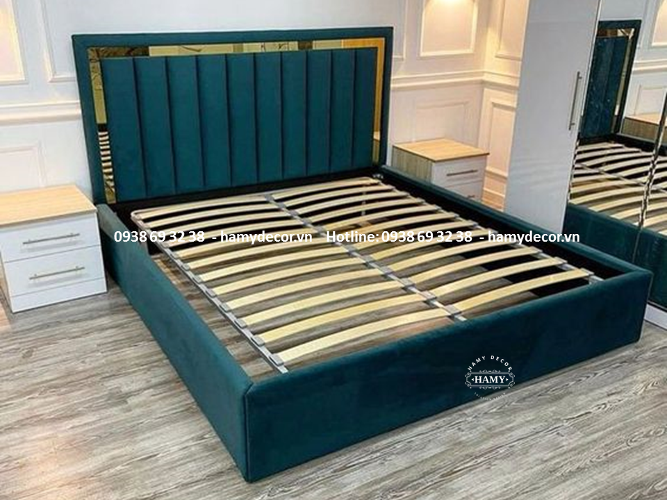 MẪU GIƯỜNG NGỦ BỌC VẢI NHUNG MÀU XANH RÊU - 61