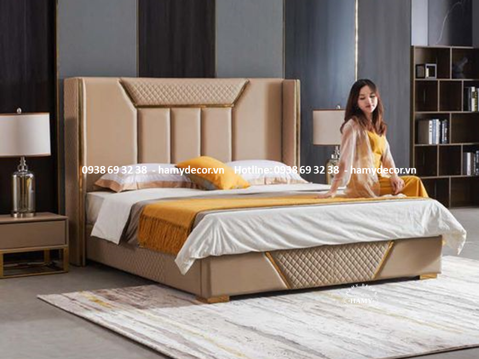 GIƯỜNG NGỦ BỌC DA VIỀN KHUNG INOX MẠ VÀNG -  64