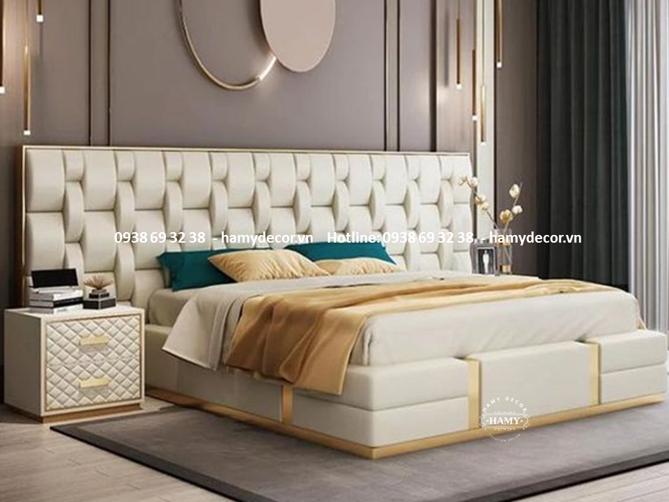 GIƯỜNG NGỦ BỌC VẢI NHUNG VIỀN INOX MẠ VÀNG PVD SANG TRỌNG -  67