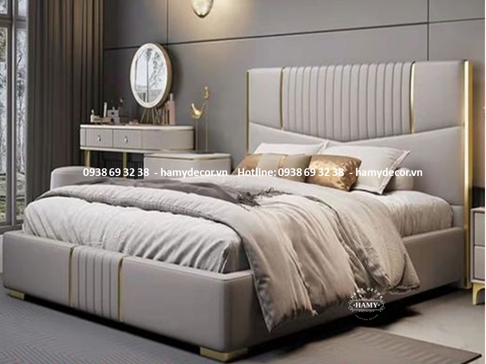 GIƯỜNG NGỦ BỌC VẢI DA NẸP VIỀN INOX MẠ VÀNG - 71