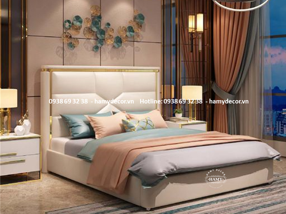 GIƯỜNG NGỦ BỌC DA NẸP VIỀN INOX MẠ VÀNG - 72