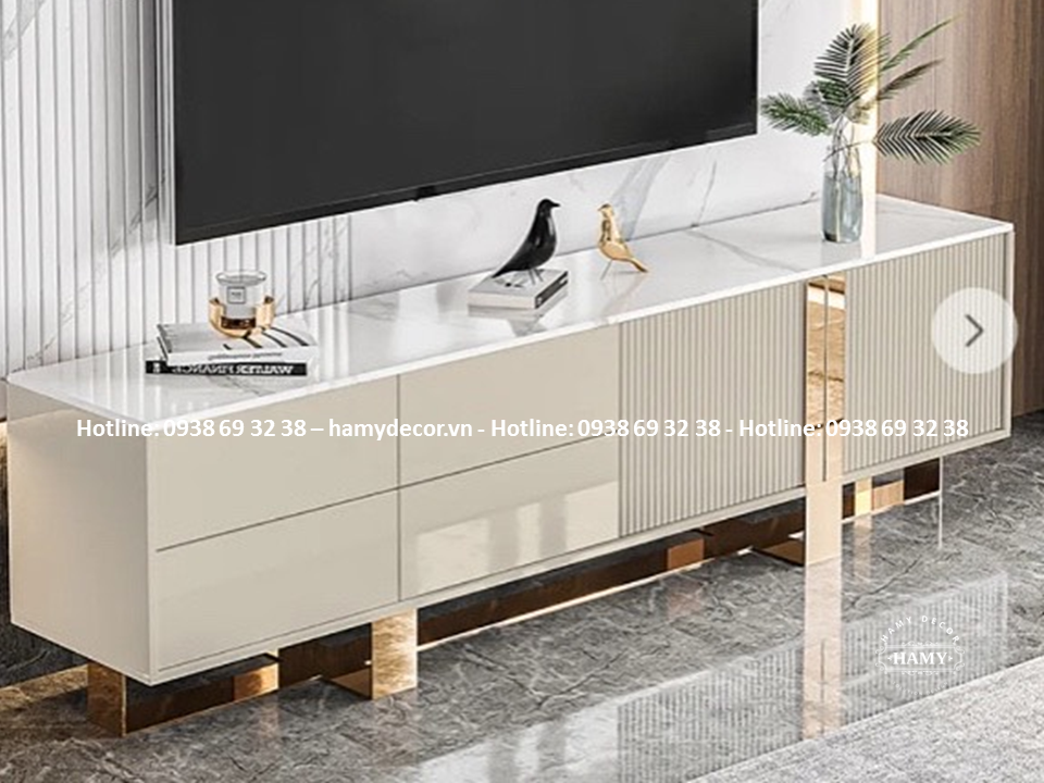TỦ KỆ TIVI KHUNG INOX MẠ VÀNG KẾT HỢP KHUNG GỖ SƠN HIỆN ĐẠI - 24