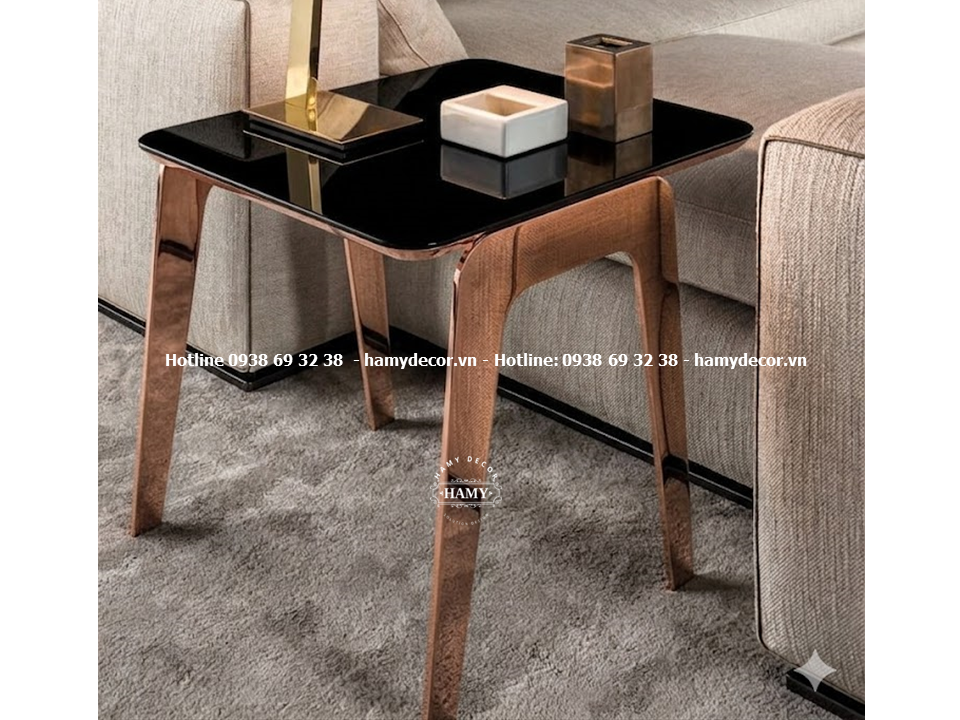 Bàn bên sofa (Tab sofa) inox mạ vàng hồng phong cách Modern Luxury
