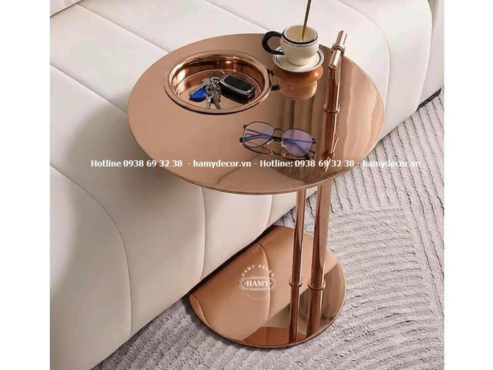 Bàn cạnh sofa inox mạ vàng hồng mặt tròn 
