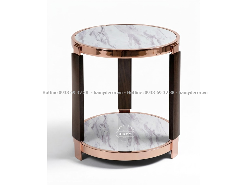 Bàn phụ sofa inox mạ vàng hồng mặt đá trắng vân mây  2 tầng 