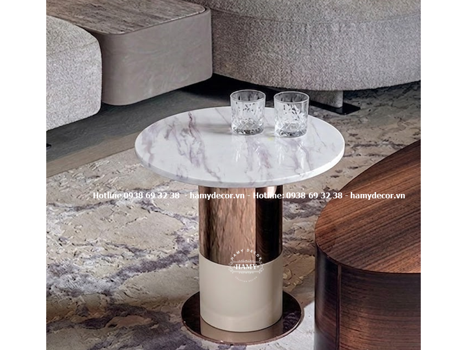 Bàn phụ sofa tròn inox mạ vàng hồng mặt đá trắng vân mây
