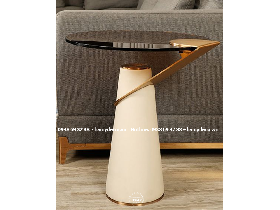 Bàn phụ sofa  inox mạ vàng hồng, chân trụ tròn