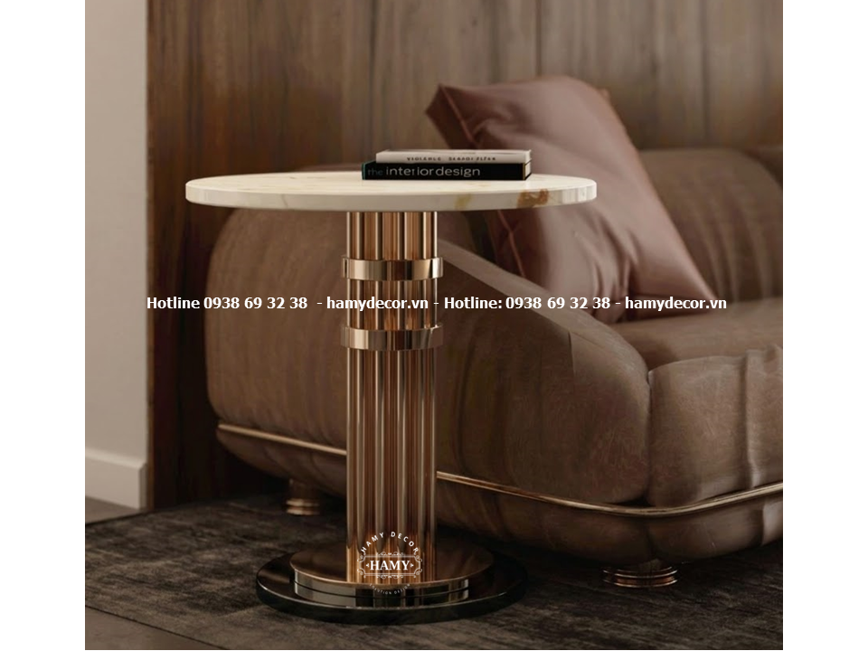 Bàn phụ sofa (tab sofa) chân inox mạ vàng hồng mặt đá trắng