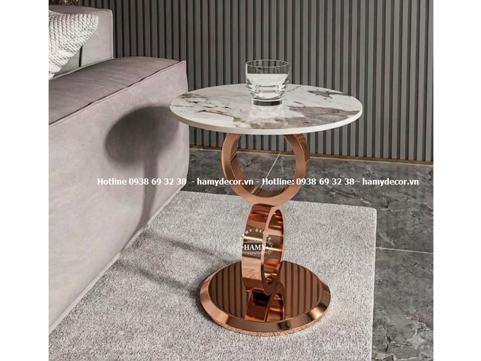 Bàn phụ sofa chân inox mạ vàng hồng mặt đá tròn trắng vân mây
