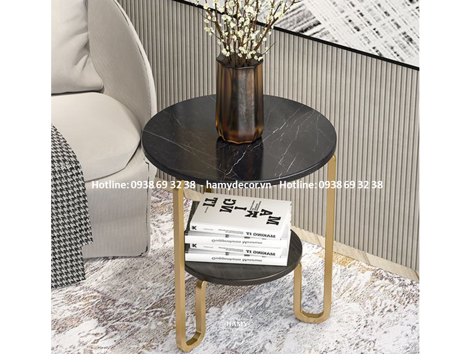 Tab sofa tròn inox mạ vàng Mặt đá đen - 64