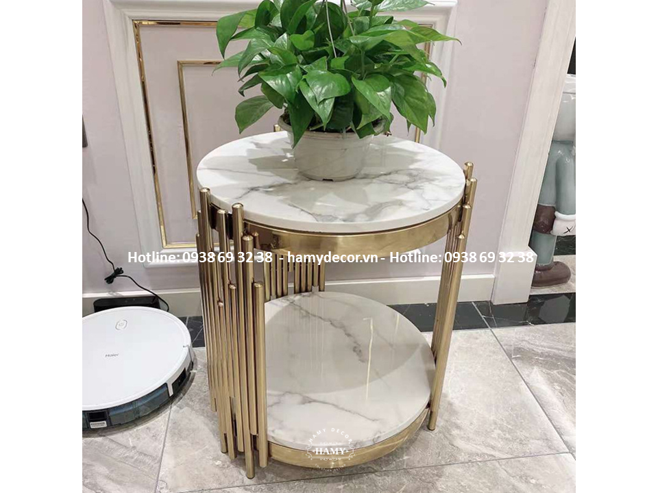 Bàn để chậu hoa inox mạ vàng mặt đá - 69