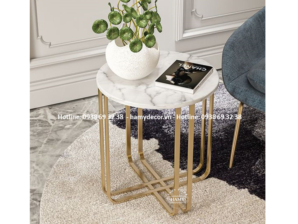 Tab sofa chân inox mạ vàng mặt đá trắng vân mây - 70