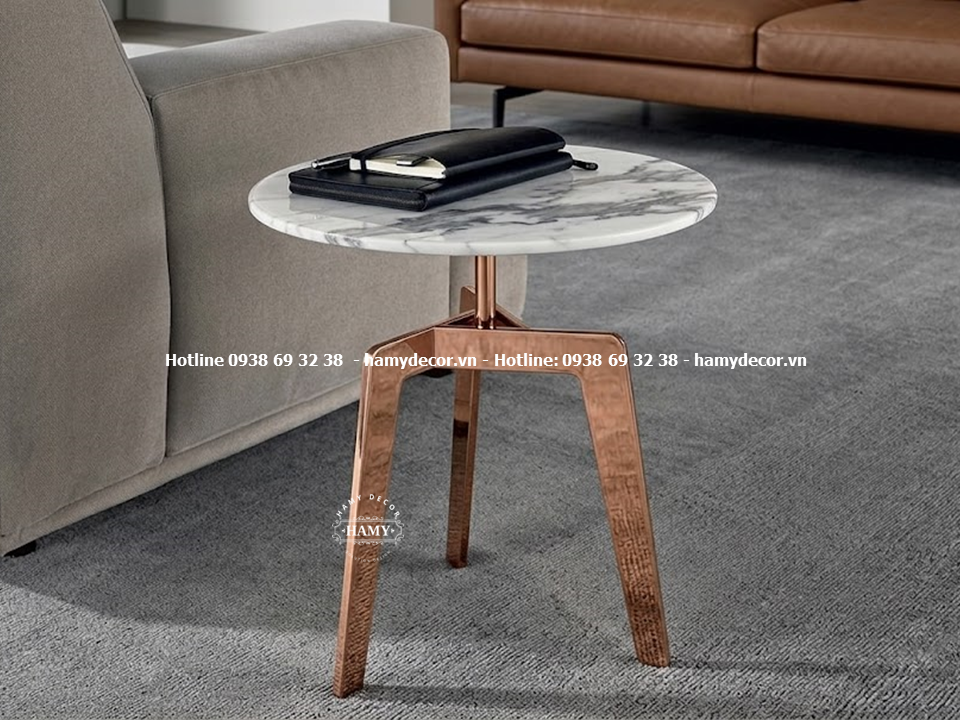 Bàn phụ sofa (tab sofa tròn) chân inox mạ vàng hồng 