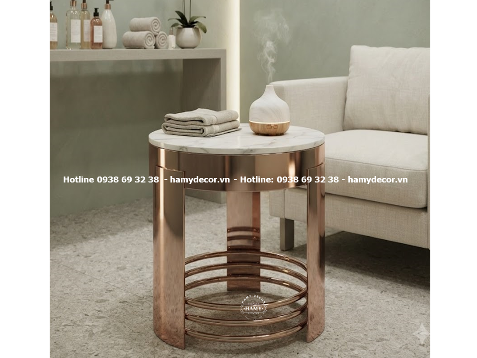 Mẫu tab sofa inox mạ vàng hồng mặt bàn đá trắng vân mây thiết kế cấu trúc độc đáo