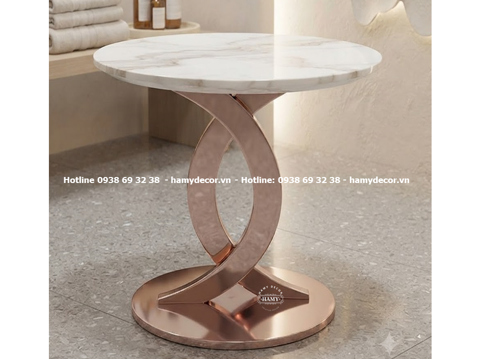 Mẫu tab sofa inox mạ vàng hồng mặt bàn đá trắng vân mây chân uốn lượn hình vòng cung