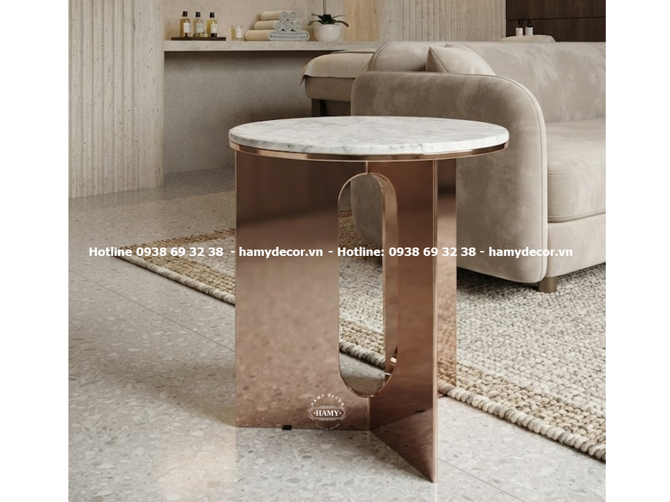 Bàn tab sofa tròn chân inox 304 mạ vàng hồng bóng gương